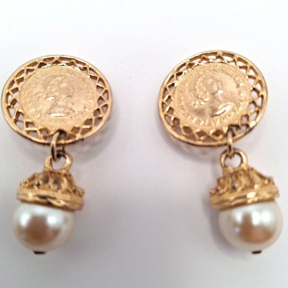 Vintage Gay Boyer Queen Elizabeth II coin medallion faux pearl earrings clip ons